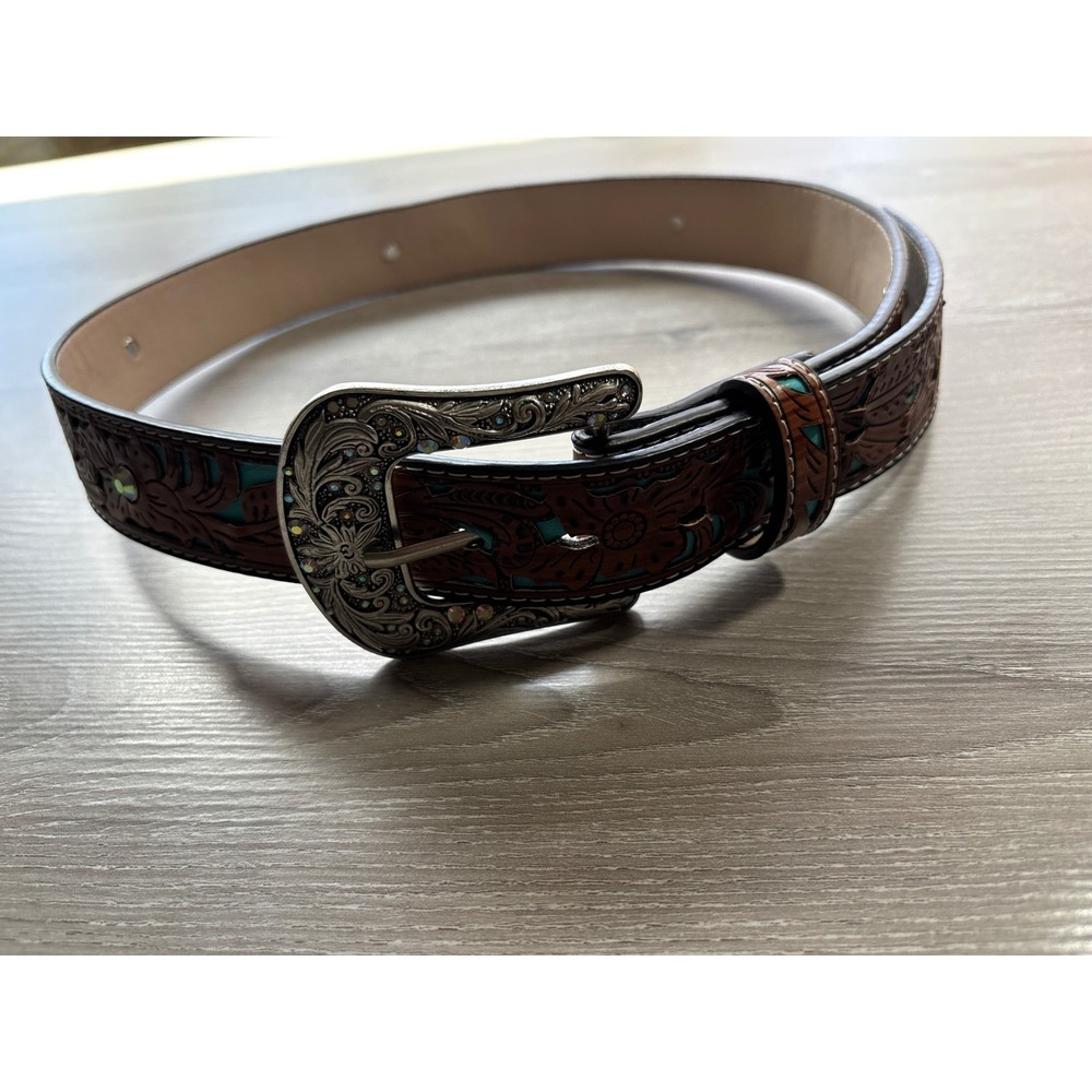Western Floral Tooled Belt Turquoise Accents Rhinestone Buckle Brown Cowgirl
